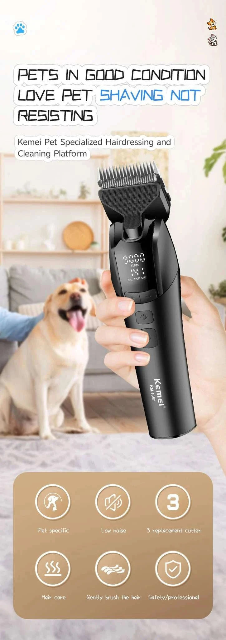 Rechargeable Pet Grooming Clipper with Quiet Motor & LCD Display-KM-1857