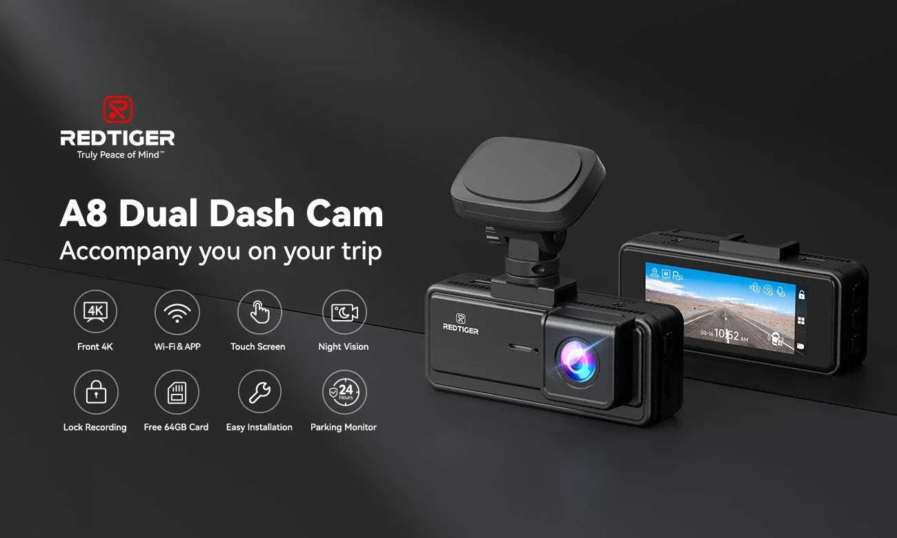 REDTIGER A8 4K+1080P Dash Cam with GPS, WiFi, Touch Screen-A8 NO HW KIT / United States / Free 64G TF