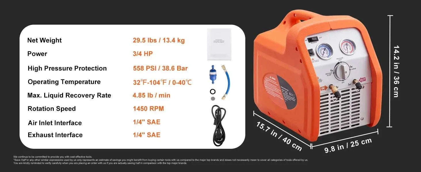 Refrigerant Recovery Machine 3/4 to 1HP HVAC AC Recovery Unit-1HP Dual Cylinder / CZECH REPUBLIC