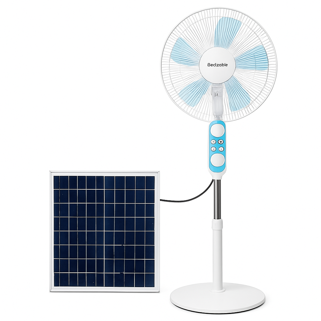 Ventilador de Piso Solar con Control Remoto, 12 Horas de Funcionamiento y Luz LED