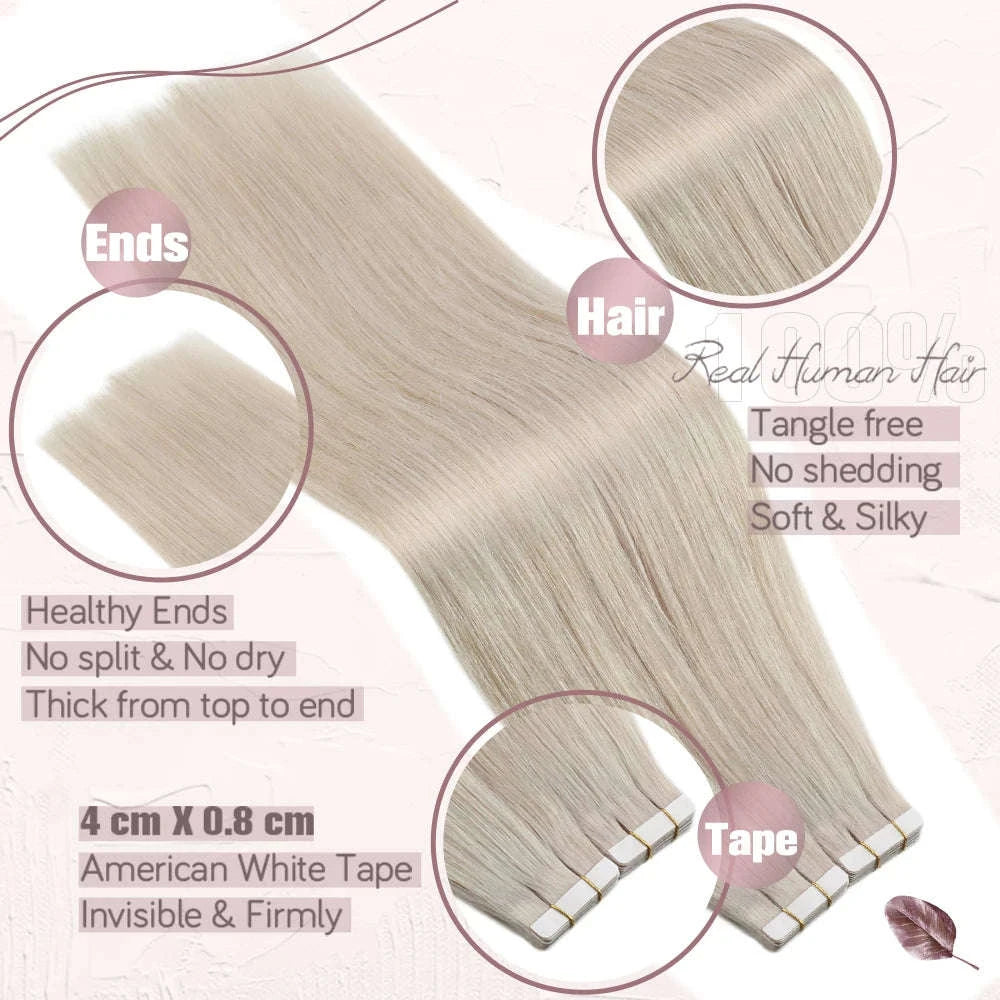 Remy Human Hair Tape-In Extensions Straight Seamless Natural Blend-1B-silver-1B / 20 pcs / 24 Inches