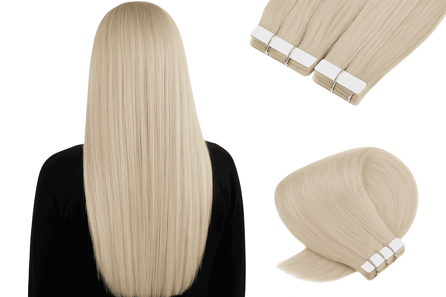 Remy Human Hair Tape-In Extensions Straight Seamless Natural Blend-1B-silver-1B / 20 pcs / 24 Inches