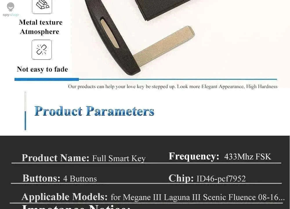 Renault Smart Remote Car Key Fob Replacement 433MHz ID46 Chip-Default Title