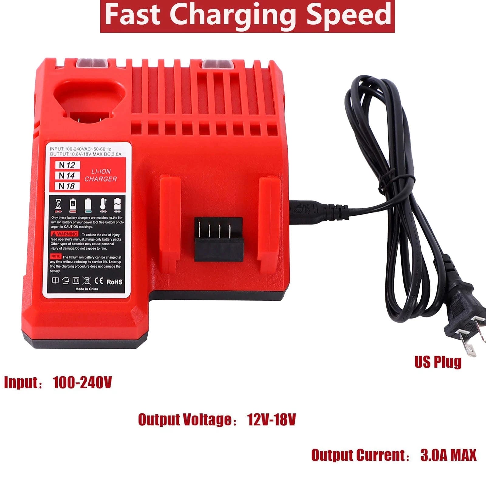 Replacement for Mi-lwaukee3.0A 12V and 18V Lithium-Ion Multi-Volatge Rapid Battery Charger, Compatible with Mi-lwaukee 12V and 18V Lithium Battery Packs-United States