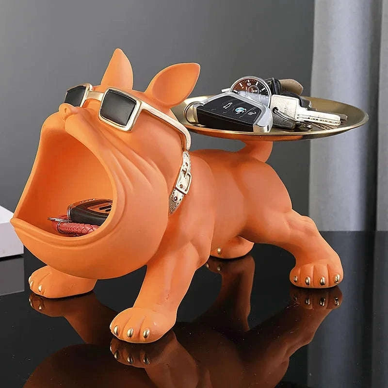 Resin Dog Statue Bulldog Storage Tray – Playful Home Decor with Hidden Storage-Black / CHINA