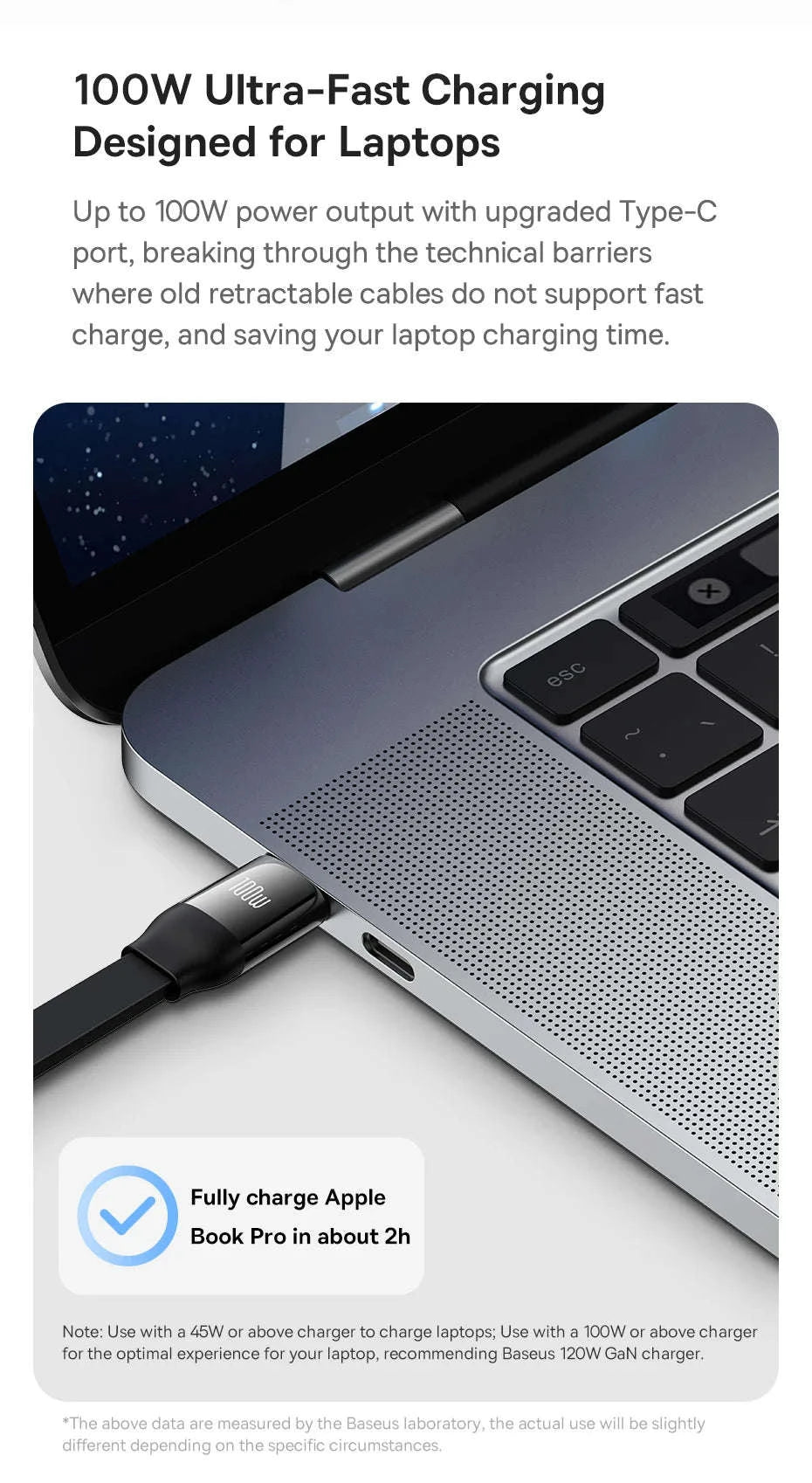 Retractable 100W 3-in-1 USB-C Charging Cable for Laptop & Phone-100W Black / 1.1m