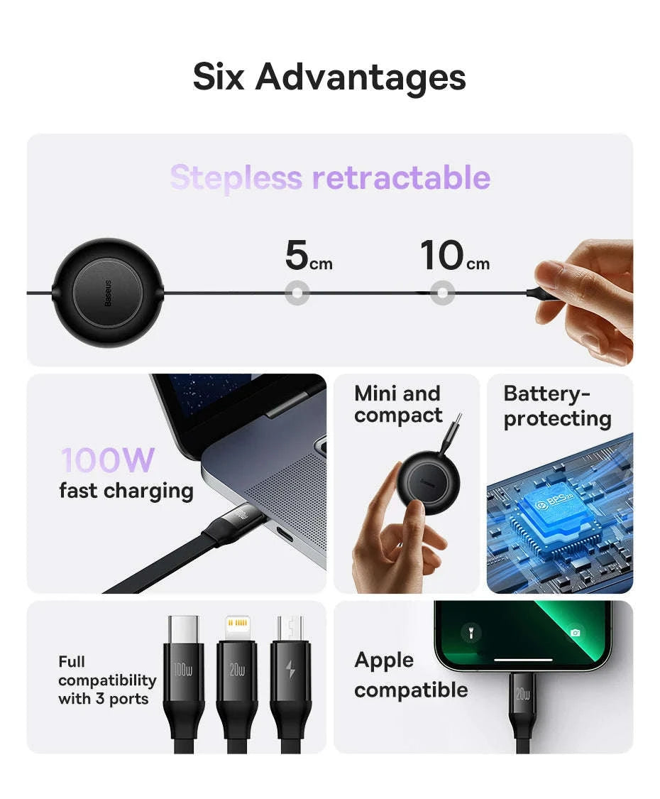 Retractable 100W 3-in-1 USB-C Charging Cable for Laptop & Phone-100W Black / 1.1m
