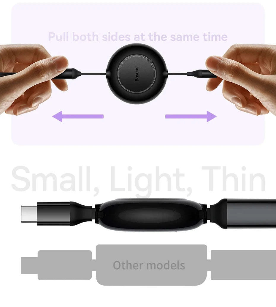 Retractable 100W 3-in-1 USB-C Charging Cable for Laptop & Phone-100W Black / 1.1m