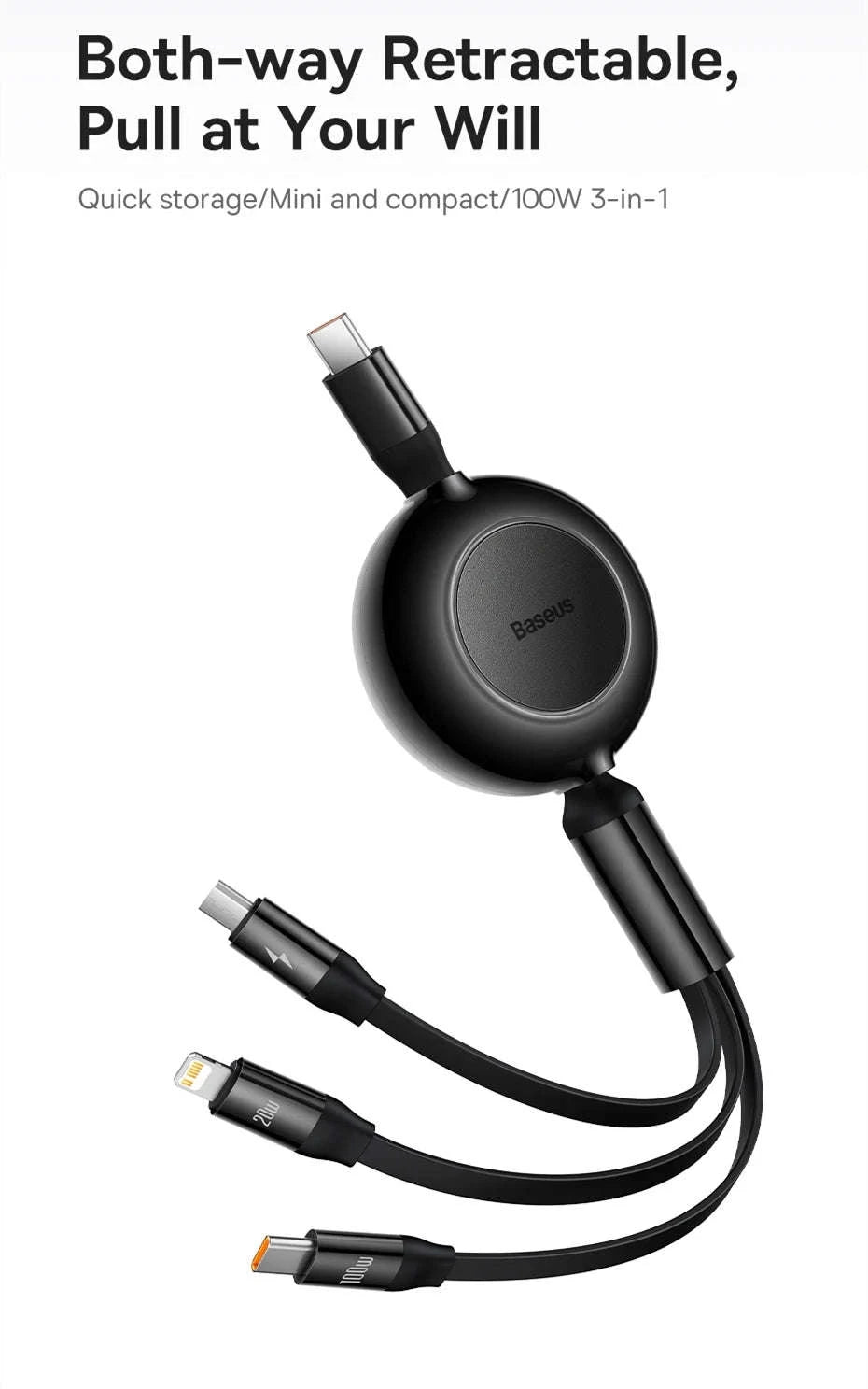 Retractable 100W 3-in-1 USB-C Charging Cable for Laptop & Phone-100W Black / 1.1m
