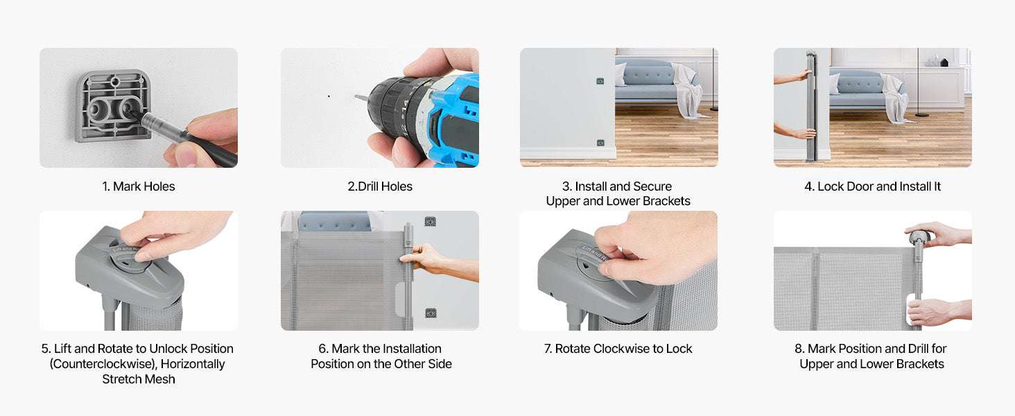 Retractable Baby Gate 34" Tall Extendable Mesh Safety Gate-Grey / 71inch / france