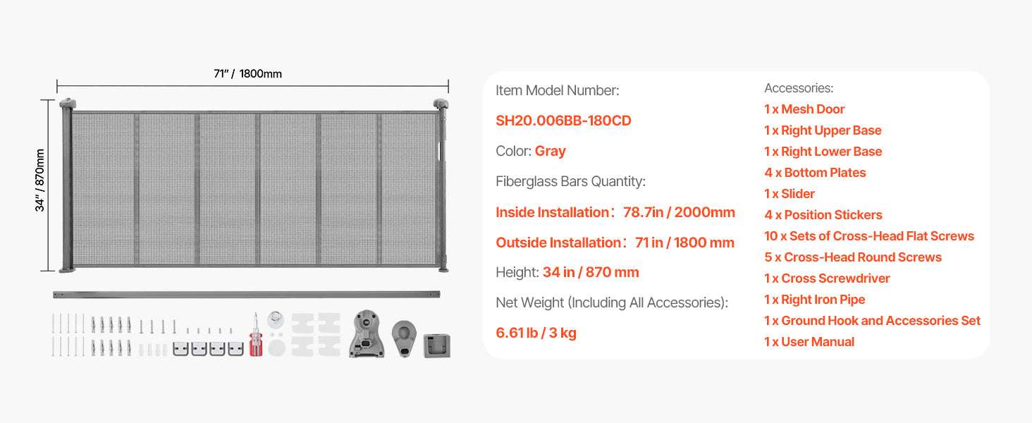 Retractable Baby Gate 34" Tall Extendable Mesh Safety Gate-Grey / 71inch / france