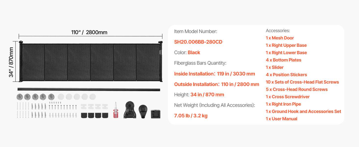 Retractable Baby Gate 34" Tall Extendable Mesh Safety Gate-Grey / 71inch / france