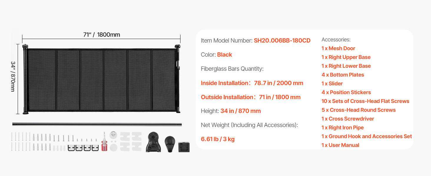 Retractable Baby Gate for Stairs & Doorways Extends Up to 110” Wide-71 inch Black / United States