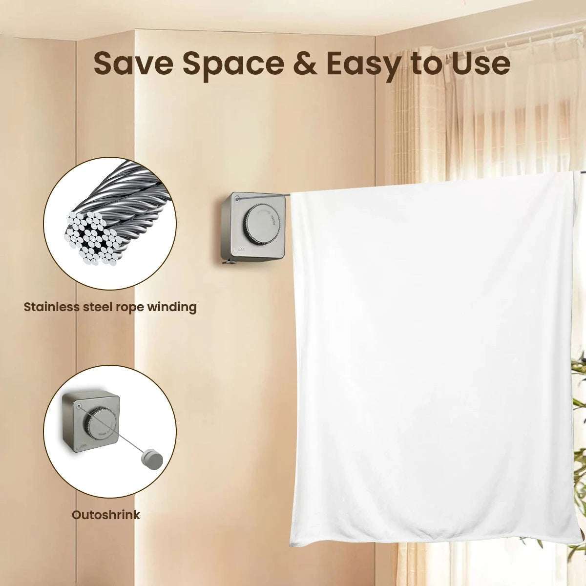 Retractable Clothesline Wall Mounted Drying Rope Up to 9m-1pcs / United States