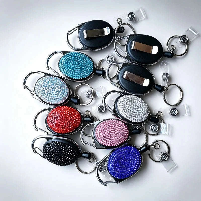 Retractable Crystal ID Badge Reel Keychain-9pcs-set