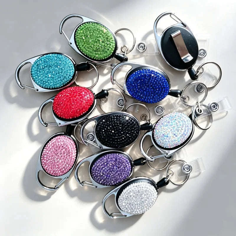 Retractable Crystal ID Badge Reel Keychain-9pcs-set