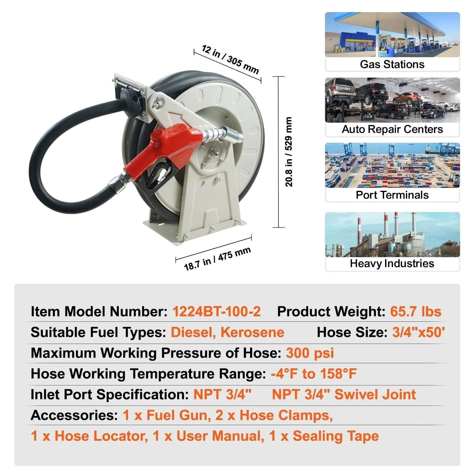 Retractable Fuel Hose Reel with Auto Rewind, 33–66ft Options-66ft 0.75 in / United States