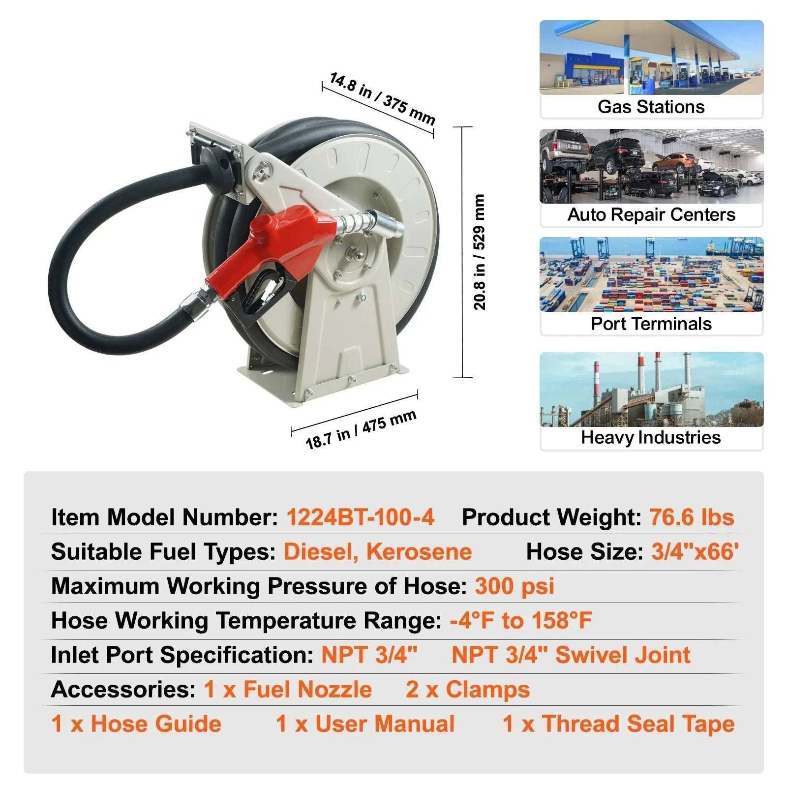 Retractable Fuel Hose Reel with Auto Rewind, 33–66ft Options-66ft 0.75 in / United States