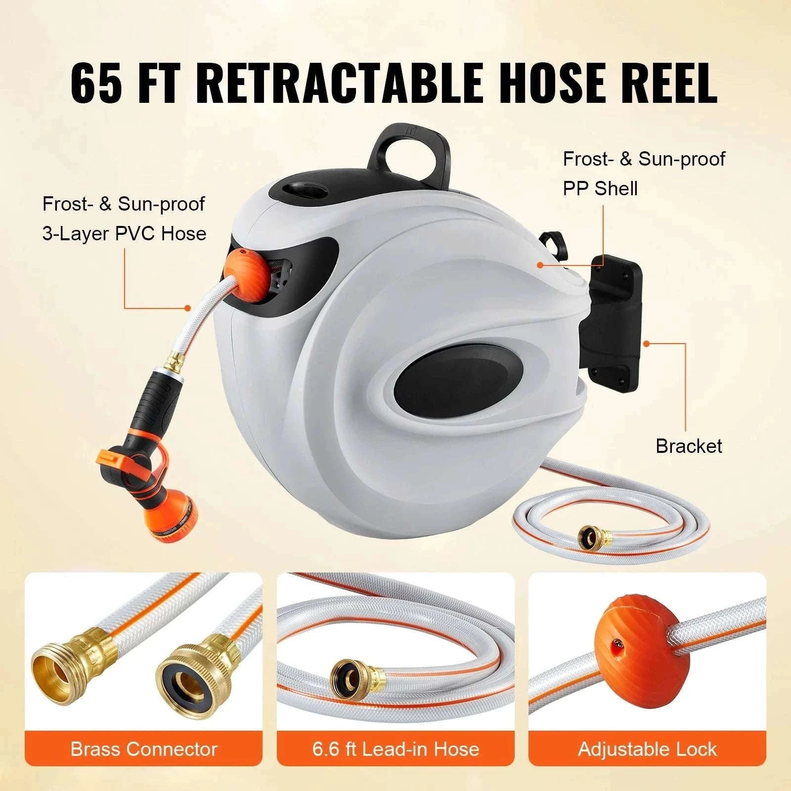 Retractable Garden Hose Reel with 180° Swivel & Auto Rewind System-65ft / 5/8'' / 50ft|United States