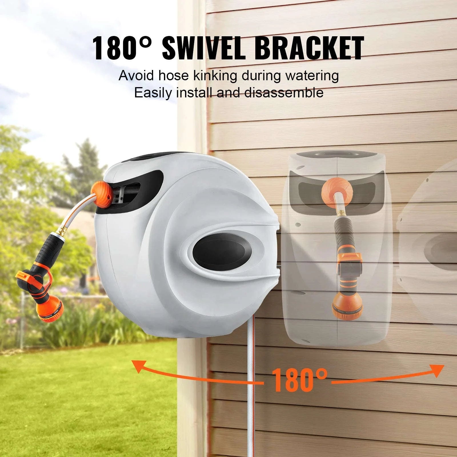Retractable Hose Reel 1/2 Inch Wall-Mounted with 180° Swivel Bracket and 9-Pattern Nozzle-