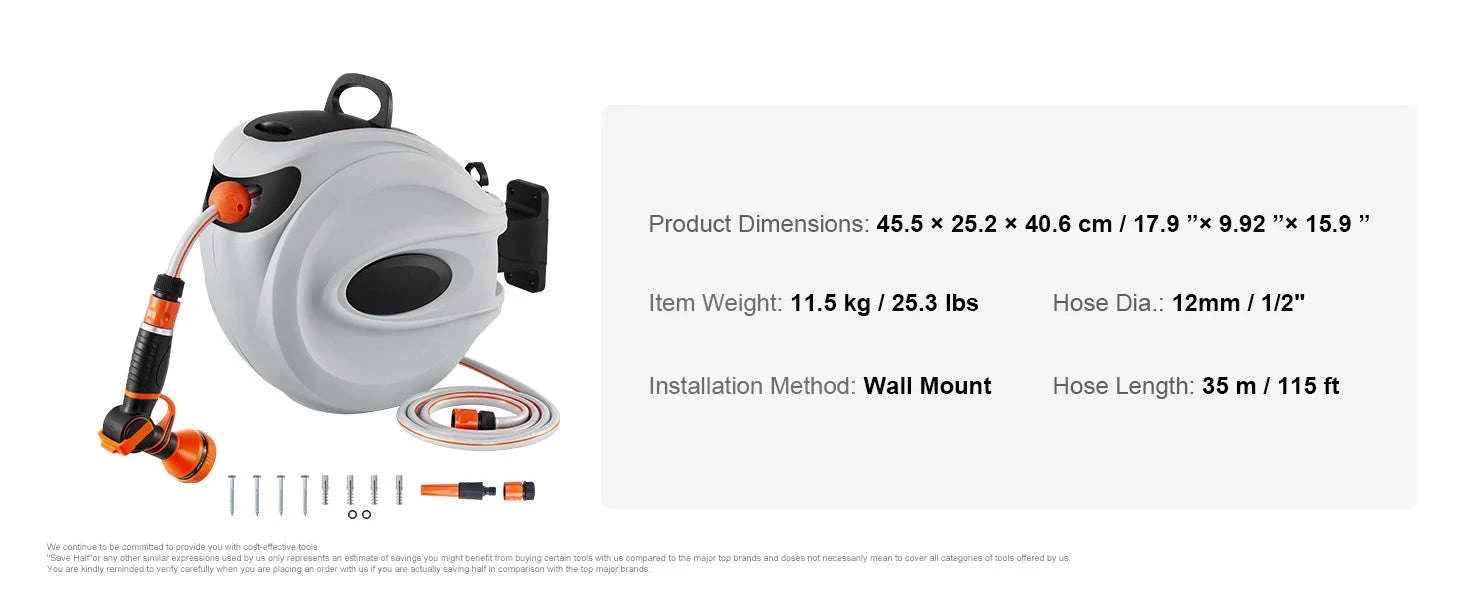 Retractable Hose Reel 1/2 Inch Wall-Mounted with 180° Swivel Bracket and 9-Pattern Nozzle-