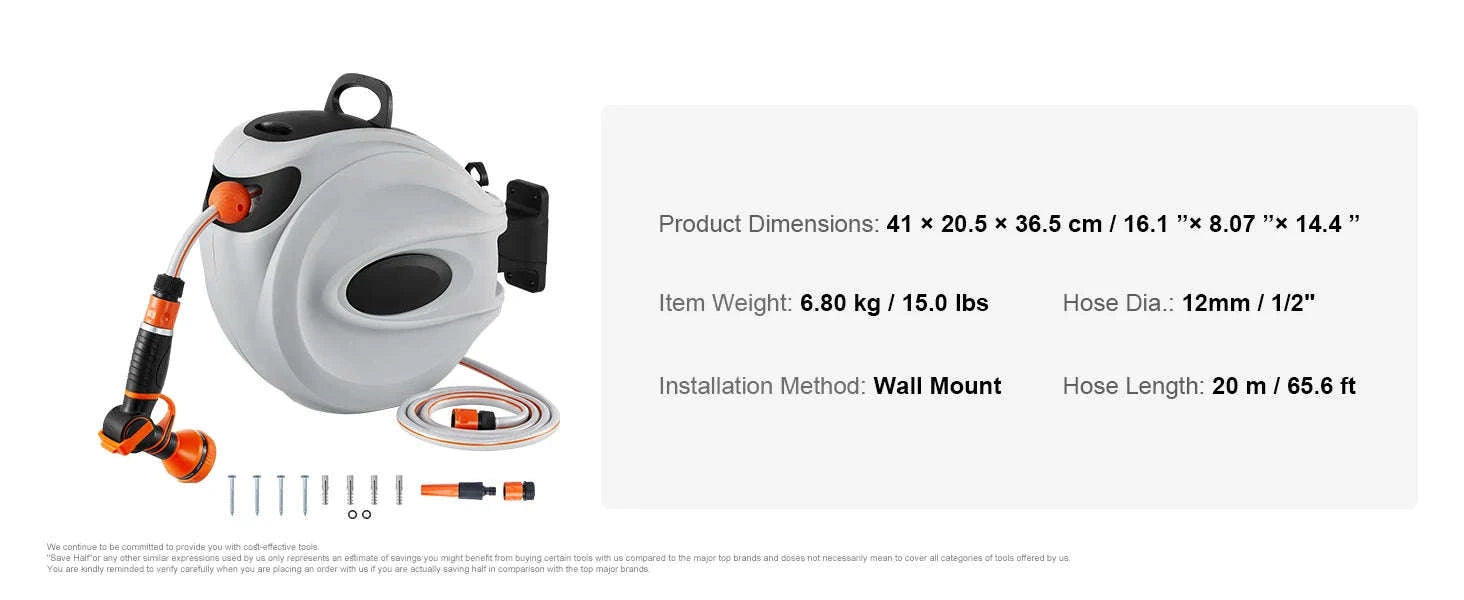 Retractable Hose Reel 1/2 Inch Wall-Mounted with 180° Swivel Bracket and 9-Pattern Nozzle-