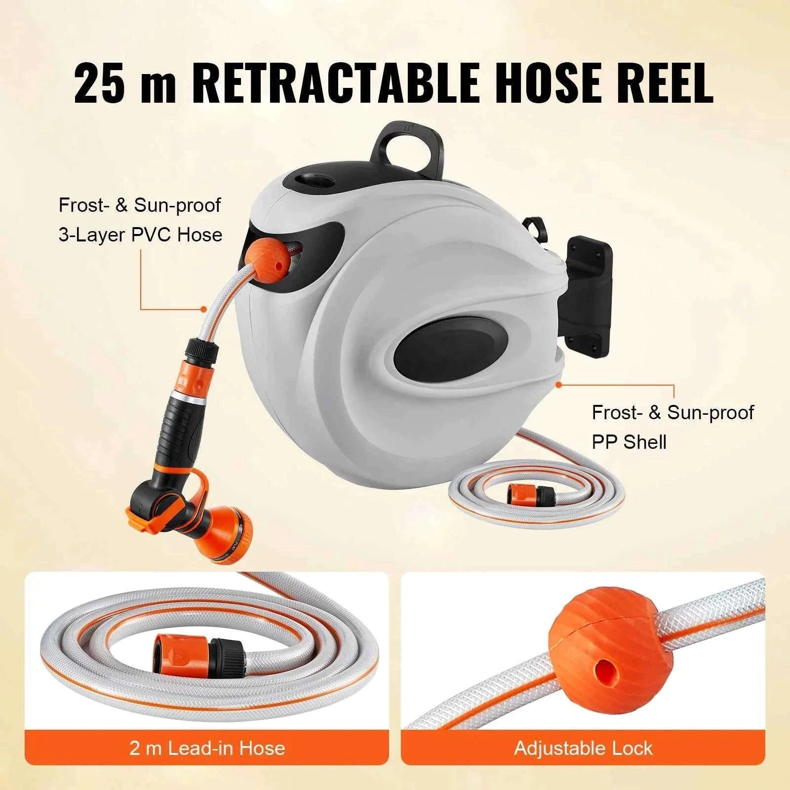 Retractable Hose Reel 82 ft x 1/2 in Wall-Mounted with 180° Swivel Bracket and 9-Pattern Nozzle-25m0.5in2m / CZECH REPUBLIC