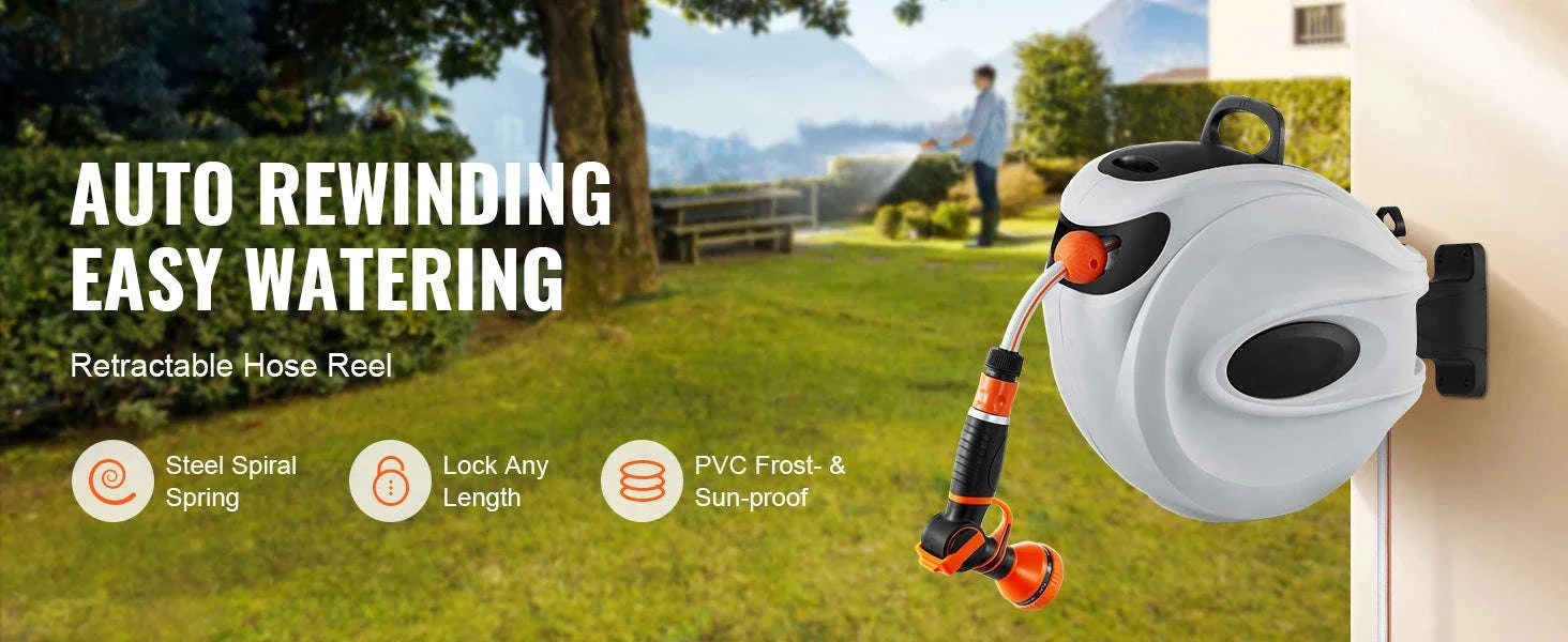 Retractable Hose Reel 82 ft x 1/2 in Wall-Mounted with 180° Swivel Bracket and 9-Pattern Nozzle-25m0.5in2m / CZECH REPUBLIC