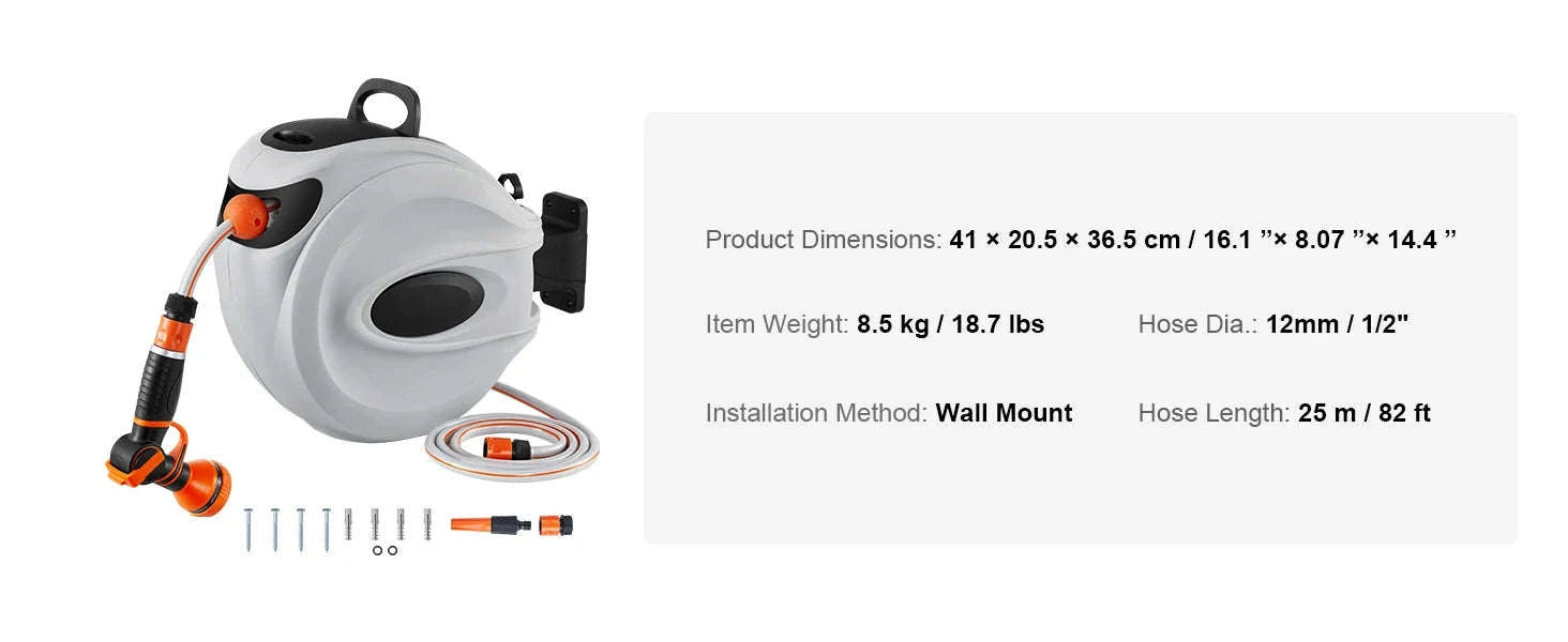 Retractable Hose Reel 82 ft x 1/2 in Wall-Mounted with 180° Swivel Bracket and 9-Pattern Nozzle-25m0.5in2m / CZECH REPUBLIC