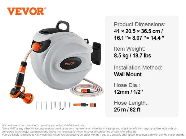 Retractable Hose Reel 82 ft x 1/2 in Wall-Mounted with 180° Swivel Bracket and 9-Pattern Nozzle-25m0.5in2m / CZECH REPUBLIC