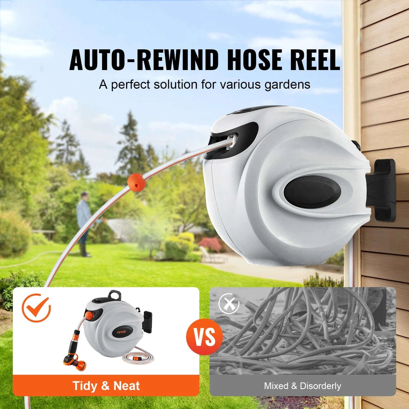 Retractable Hose Reel 82 ft x 1/2 in Wall-Mounted with 180° Swivel Bracket and 9-Pattern Nozzle-25m0.5in2m / CZECH REPUBLIC