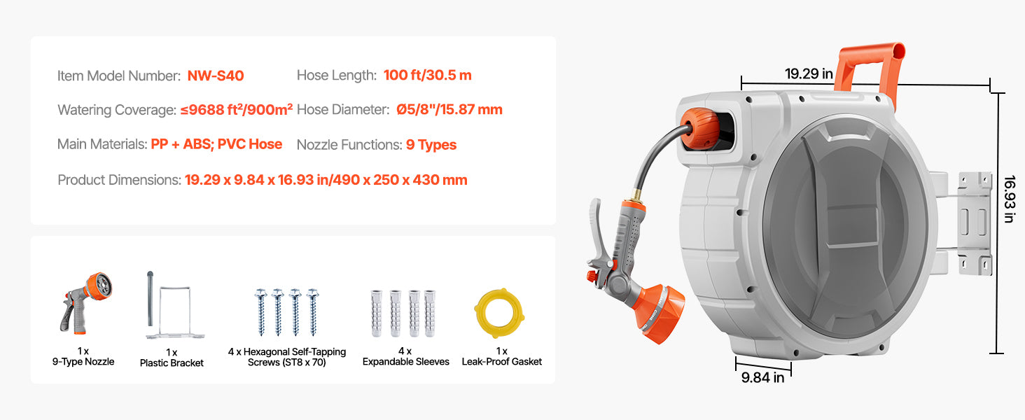 SucceBuy Entreador de Mangueira Retrátil de Jardim 5/8 polegadas x 30,48 m com Niple Rotativo de 9 Padrões, Sistema de Retorno Lento Atualizado e Suporte com Giratório de 180°