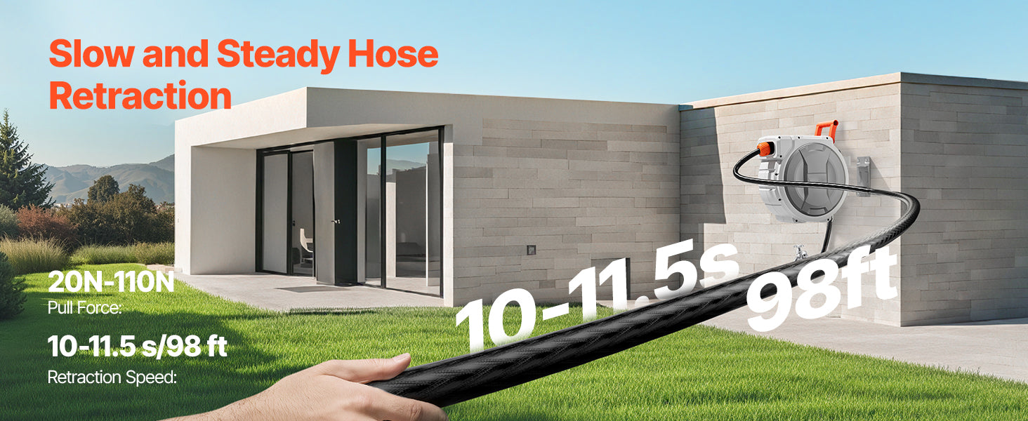 SucceBuy Entreador de Mangueira Retrátil de Jardim 5/8 polegadas x 30,48 m com Niple Rotativo de 9 Padrões, Sistema de Retorno Lento Atualizado e Suporte com Giratório de 180°