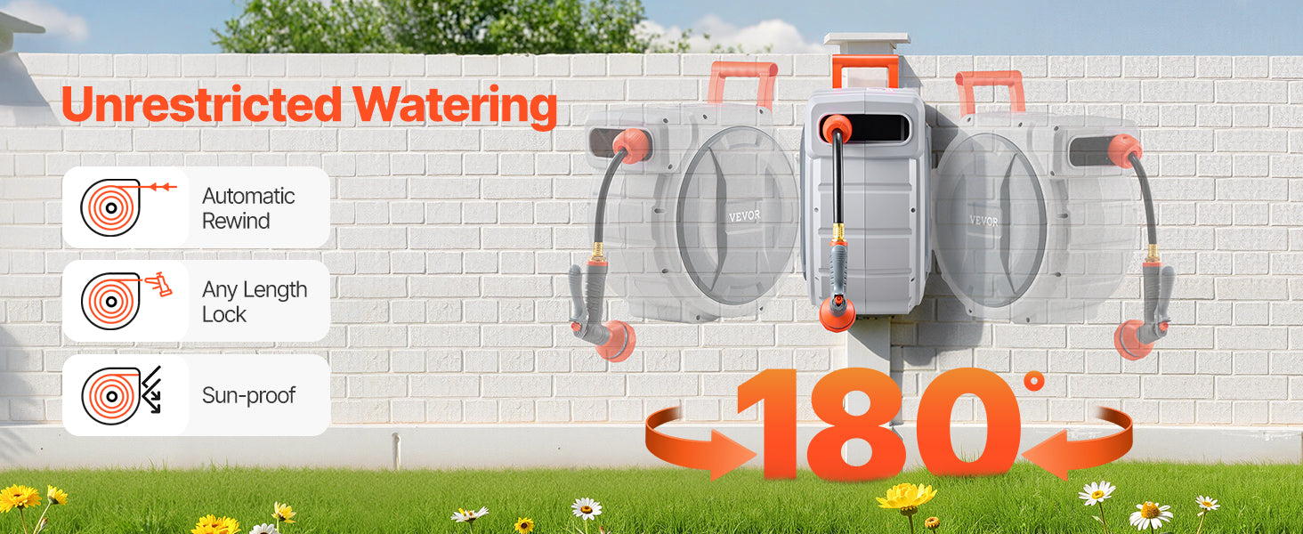 SucceBuy Retractable Garden Hose Reel Wall Mounted Hose Reel Heavy Duty Garden Hose Reel with 9Pattern Nozzle 180°Swivel Bracket
