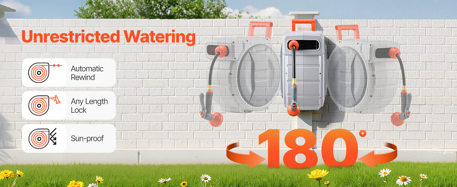 SucceBuy Entreador de Mangueira Retrátil de Jardim 5/8 polegadas x 30,48 m com Niple Rotativo de 9 Padrões, Sistema de Retorno Lento Atualizado e Suporte com Giratório de 180°