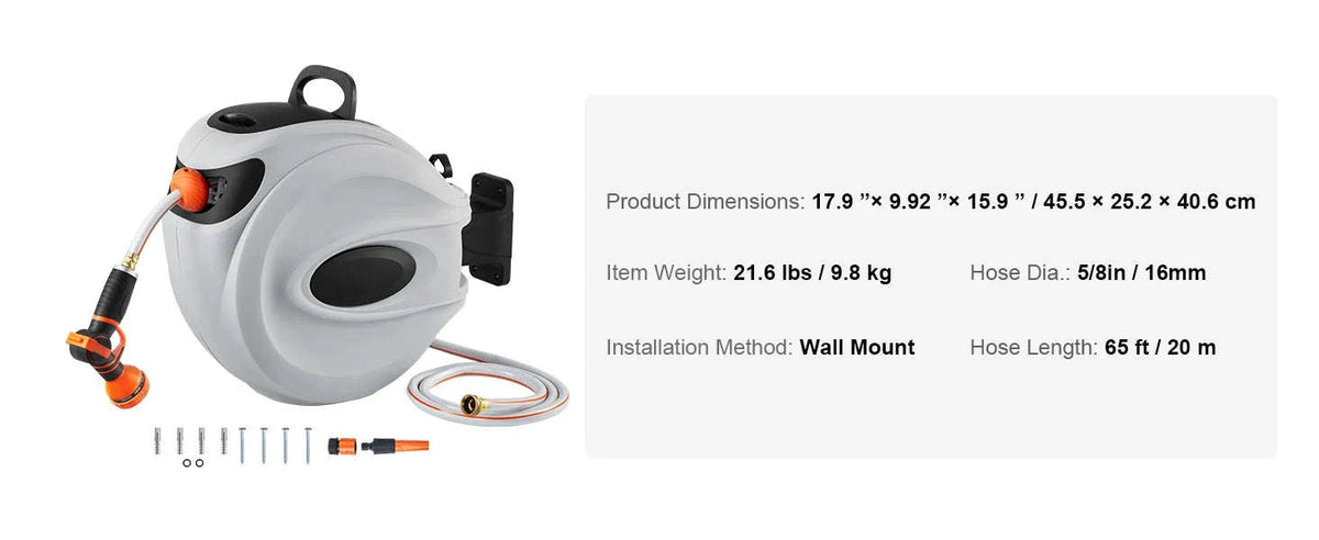 Retractable Hose Reel with 180° Swivel Bracket and 9-Pattern Nozzle-65ft / 5/8'' / 50ft|United States