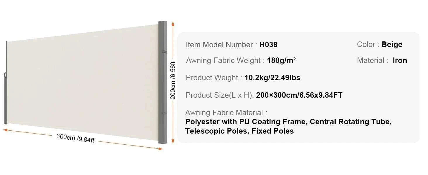 Retractable Side Awning Privacy Screen UV30+ Waterproof Patio Divider-180X350cm Yellowish / Poland