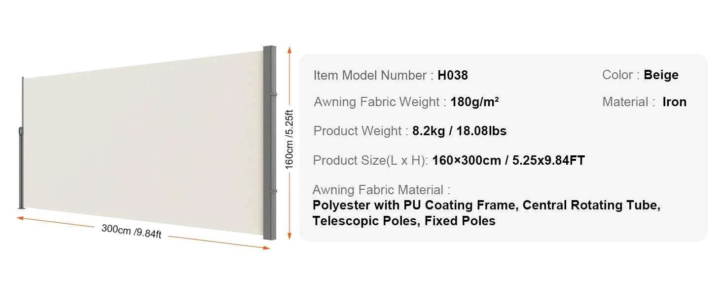 Retractable Side Awning Privacy Screen UV30+ Waterproof Patio Divider-180X350cm Yellowish / Poland
