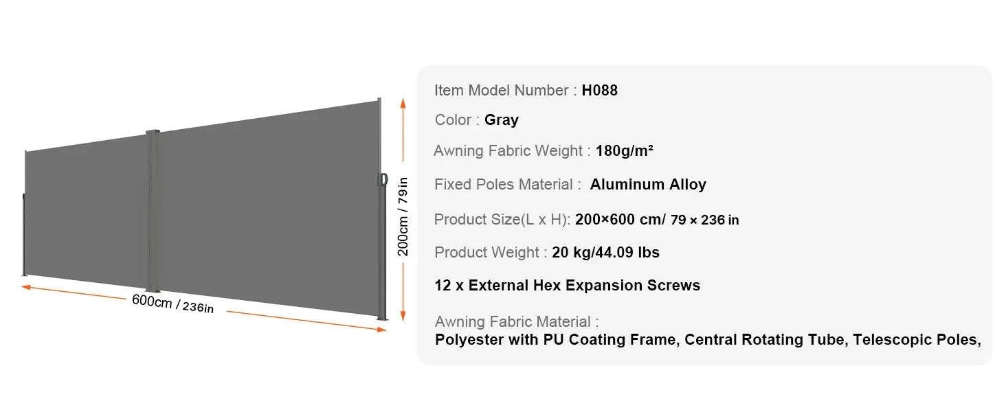 Retractable Side Awning Privacy Screen UV30+ Waterproof Patio Divider-180X350cm Yellowish / Poland