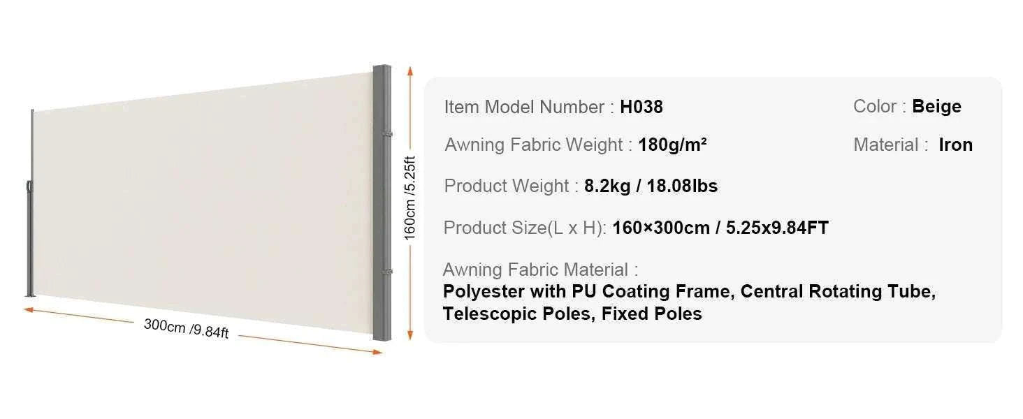 Retractable Side Awning Privacy Screen UV30+ Waterproof Patio Divider-180X350cm Yellowish / Poland