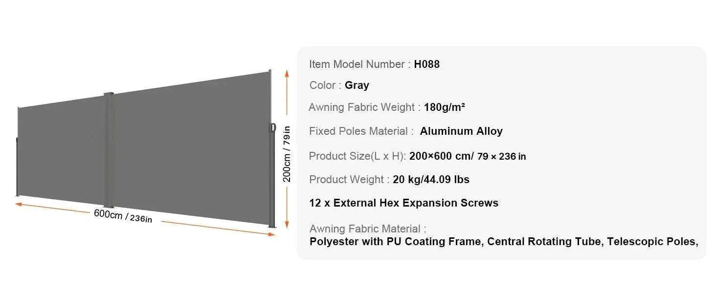 Retractable Side Awning Privacy Screen UV30+ Waterproof Patio Divider-180X350cm Yellowish / Poland