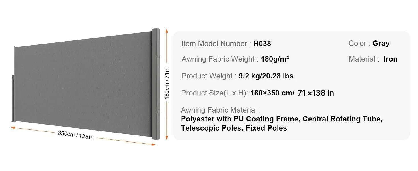Retractable Side Awning Privacy Screen UV30+ Waterproof Patio Divider-180X350cm Yellowish / Poland