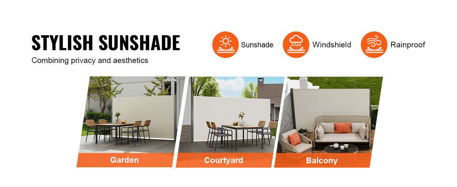 Retractable Side Awning Privacy Screen UV30+ Waterproof Patio Divider-180X350cm Yellowish / Poland