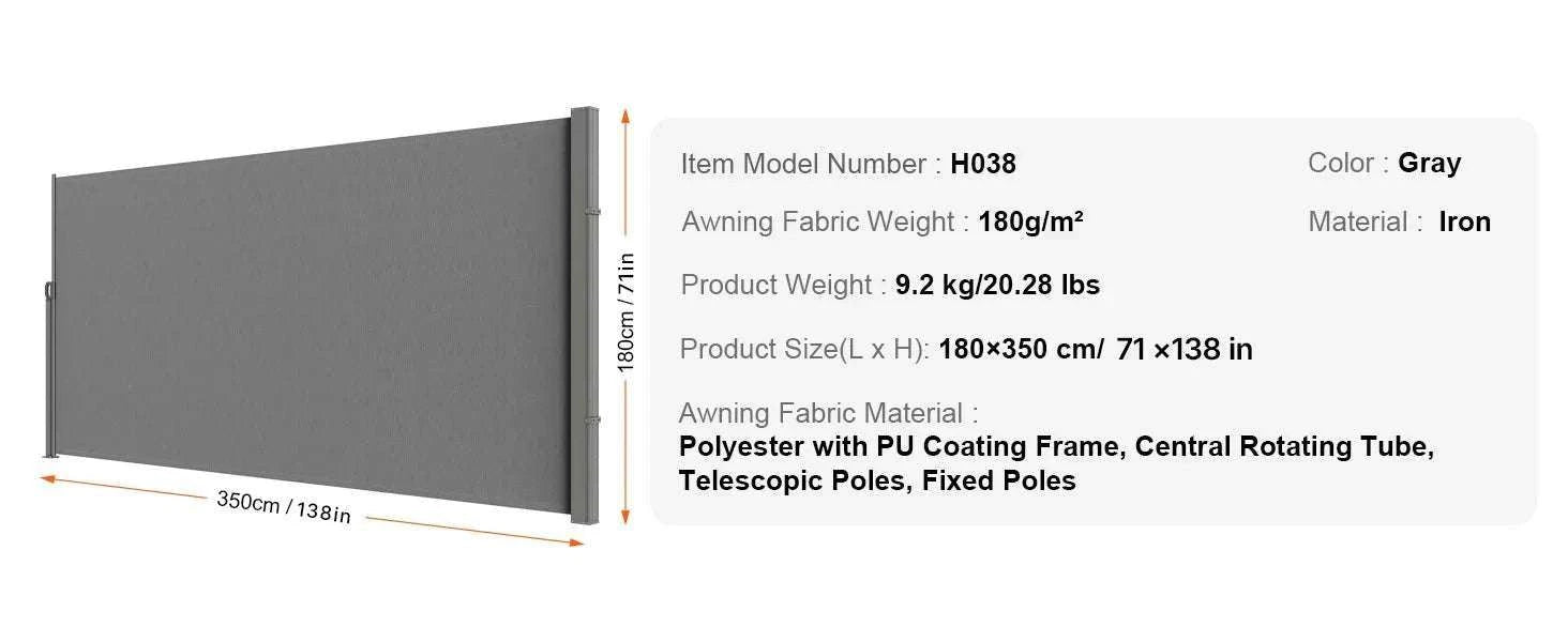 Retractable Side Awning Privacy Screen UV30+ Waterproof Patio Divider-180X350cm Yellowish / Poland