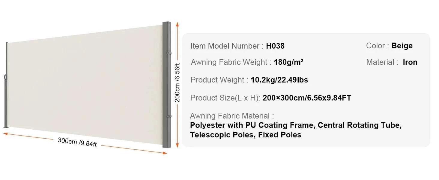 Retractable Side Awning Privacy Screen UV30+ Waterproof Patio Divider-180X350cm Yellowish / Poland