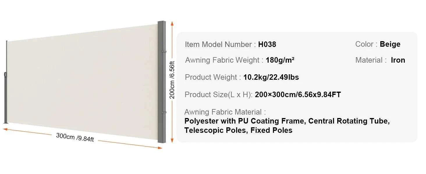 Retractable Side Awning Privacy Screen UV30+ Waterproof Patio Divider-180X350cm Yellowish / Poland