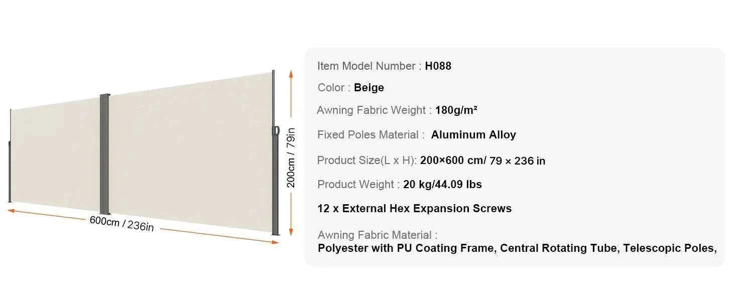 Retractable Side Awning Privacy Screen UV30+ Waterproof Patio Divider-180X350cm Yellowish / Poland
