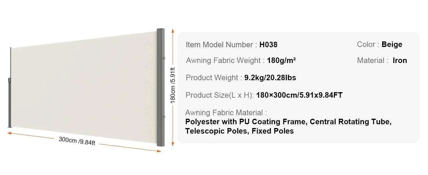 Retractable Side Awning Privacy Screen UV30+ Waterproof Patio Divider-180X350cm Yellowish / Poland