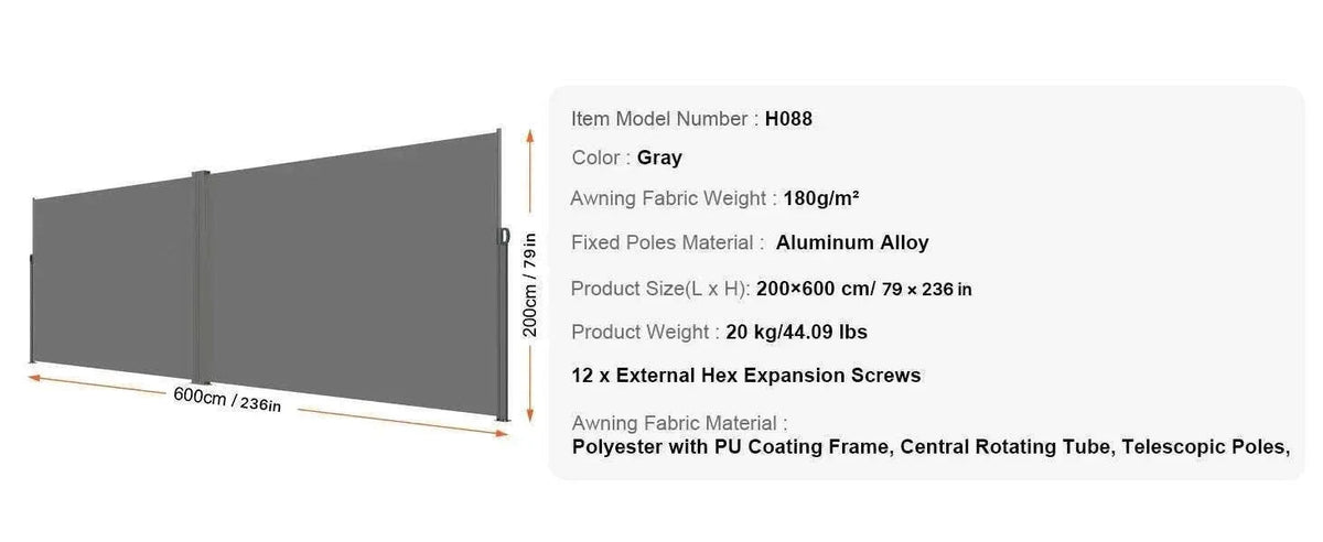 Retractable Side Awning Privacy Screen UV30+ Waterproof Patio Divider-180X350cm Yellowish / Poland