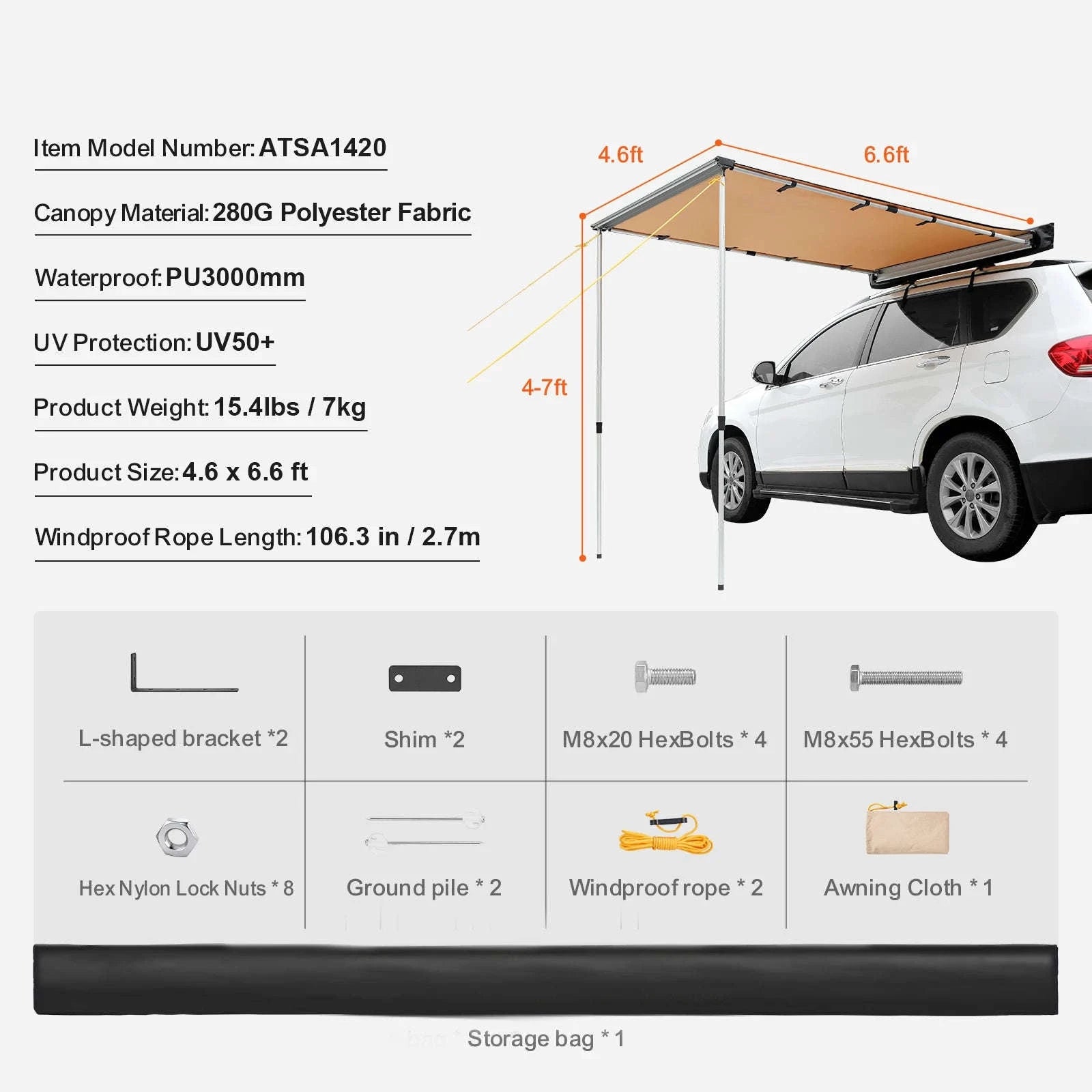 Retractable Vehicle Side Awning with Waterproof Storage Bag-6.6x8.2ft / United Kingdom
